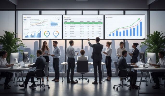 Professional SEO agency team reviewing analytics dashboards and growth reports to plan long-term SEO strategy for business growth.